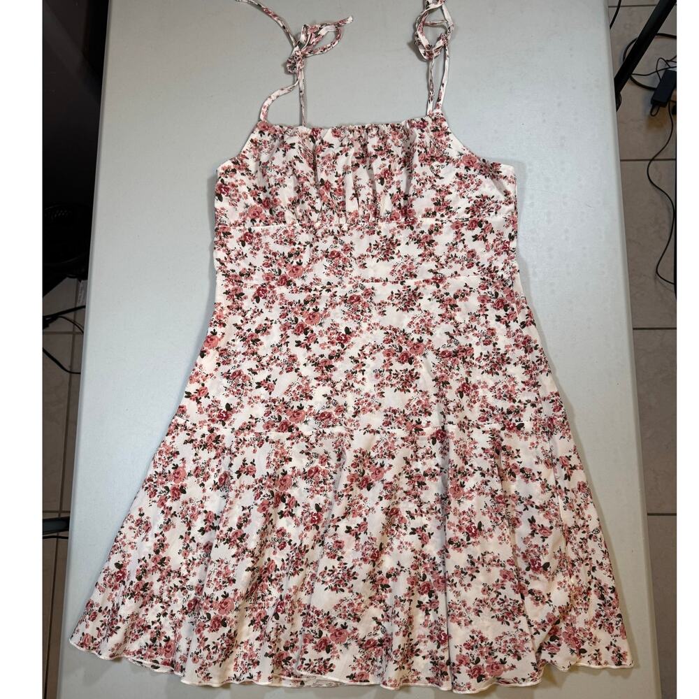 NWT Cupshe L White Pink Floral Mini Sundress Tie Straps Ruched Bust Summer Boho - Picture 5 of 6